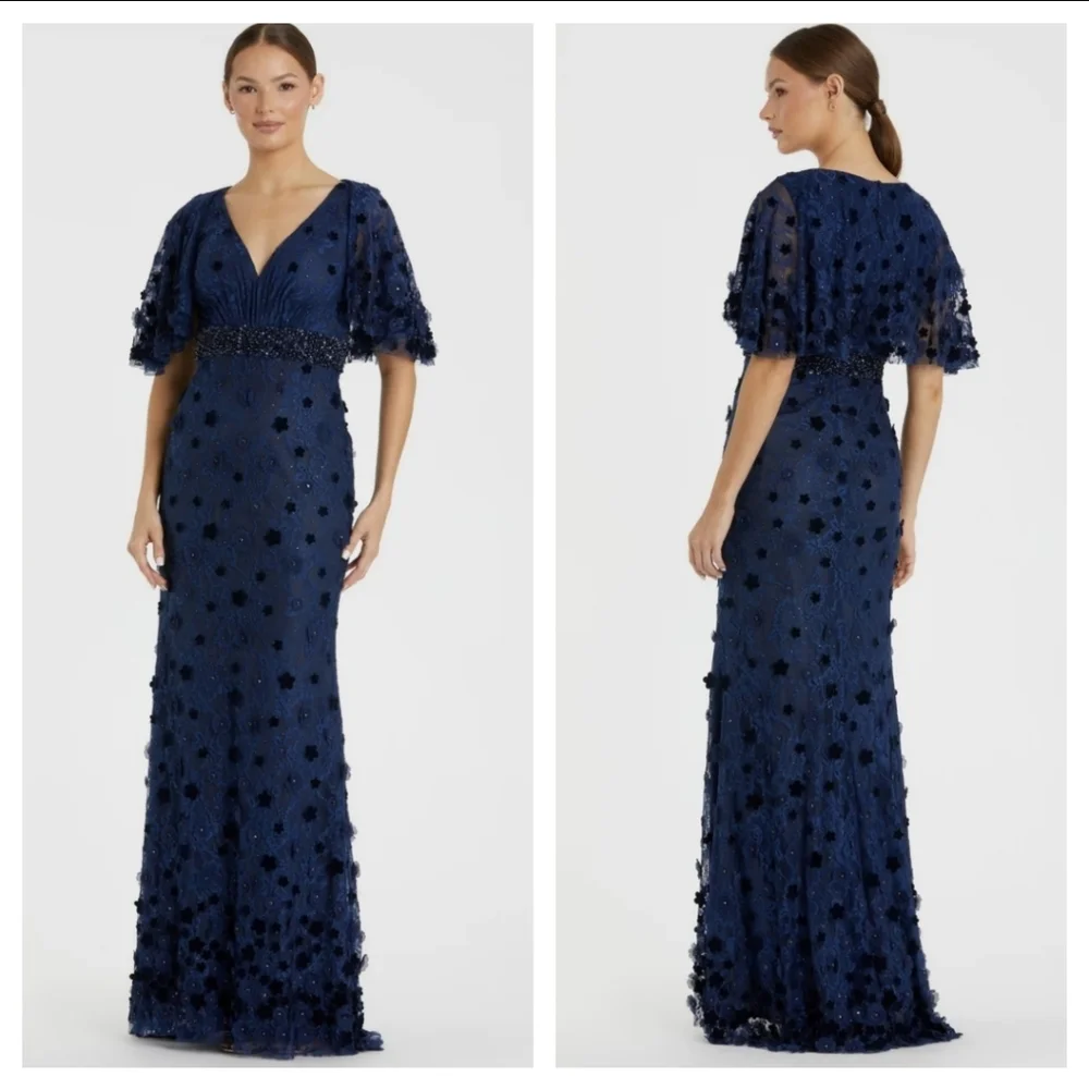 Mac Duggal Navy Flutter Sleeve Embellished Lace Gown Size 10 - Picture 1 of 6
